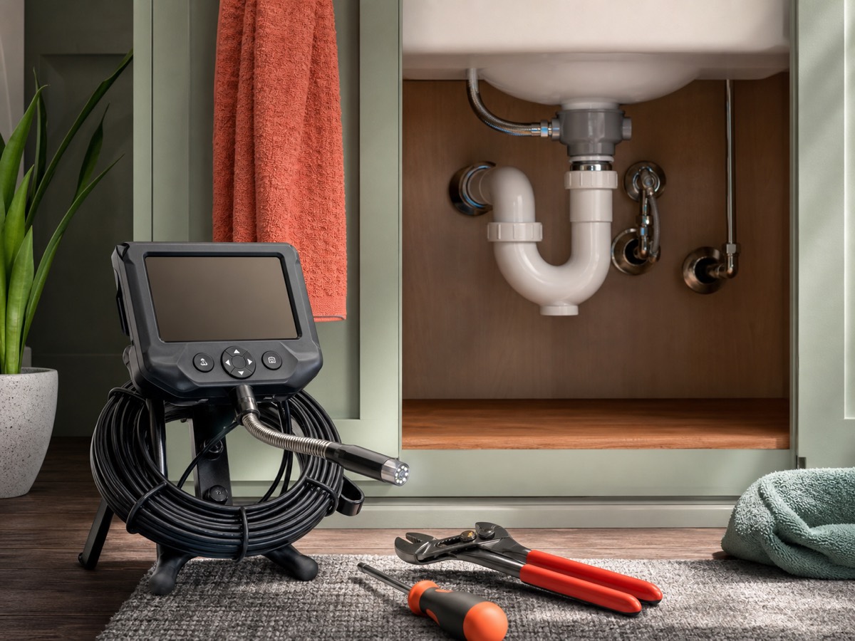 Drain inspection camera and plumbing tools beside a clean sink cabinet