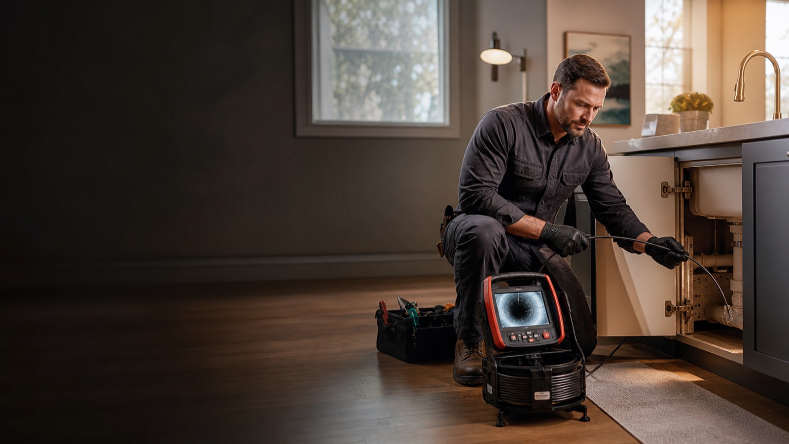 Plumbing professional performing a drain camera inspection in a bright home